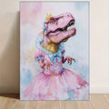 Watercolor portrait of a pink princess T-rex in a crown and full pink dress