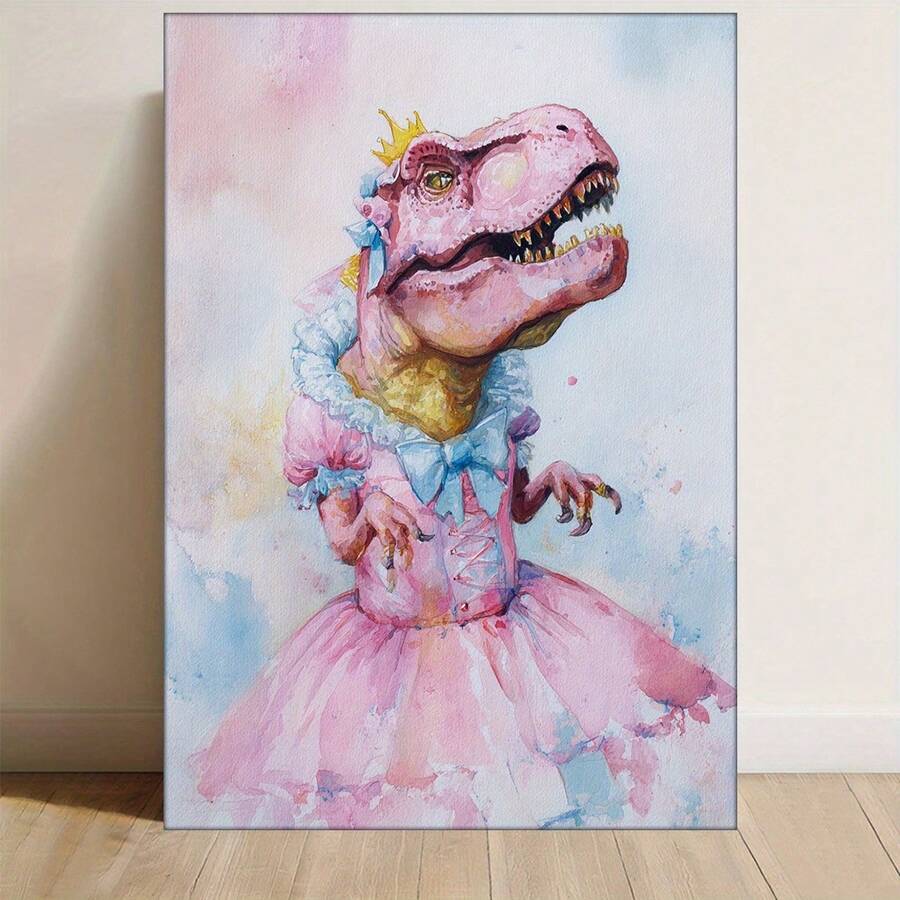 Watercolor portrait of a pink princess T-rex in a crown and full pink dress