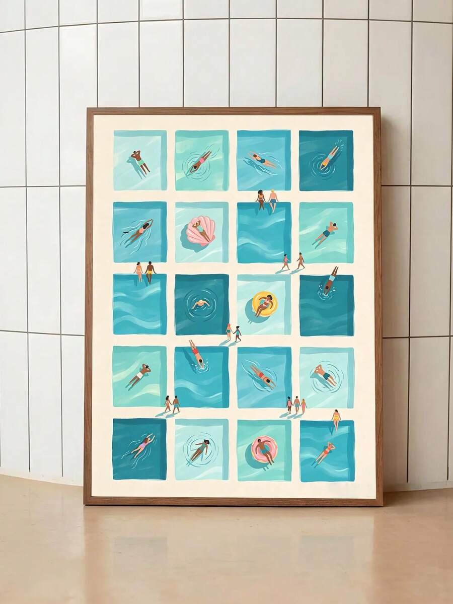 Retro pool-grid poster with tiny swimmers, turquoise water panels, colorful floats and pink shell motif
