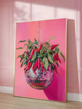 Disco ball wall art with chili pepper plant on hot pink pop art background