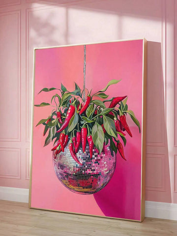 Disco ball wall art with chili pepper plant on hot pink pop art background