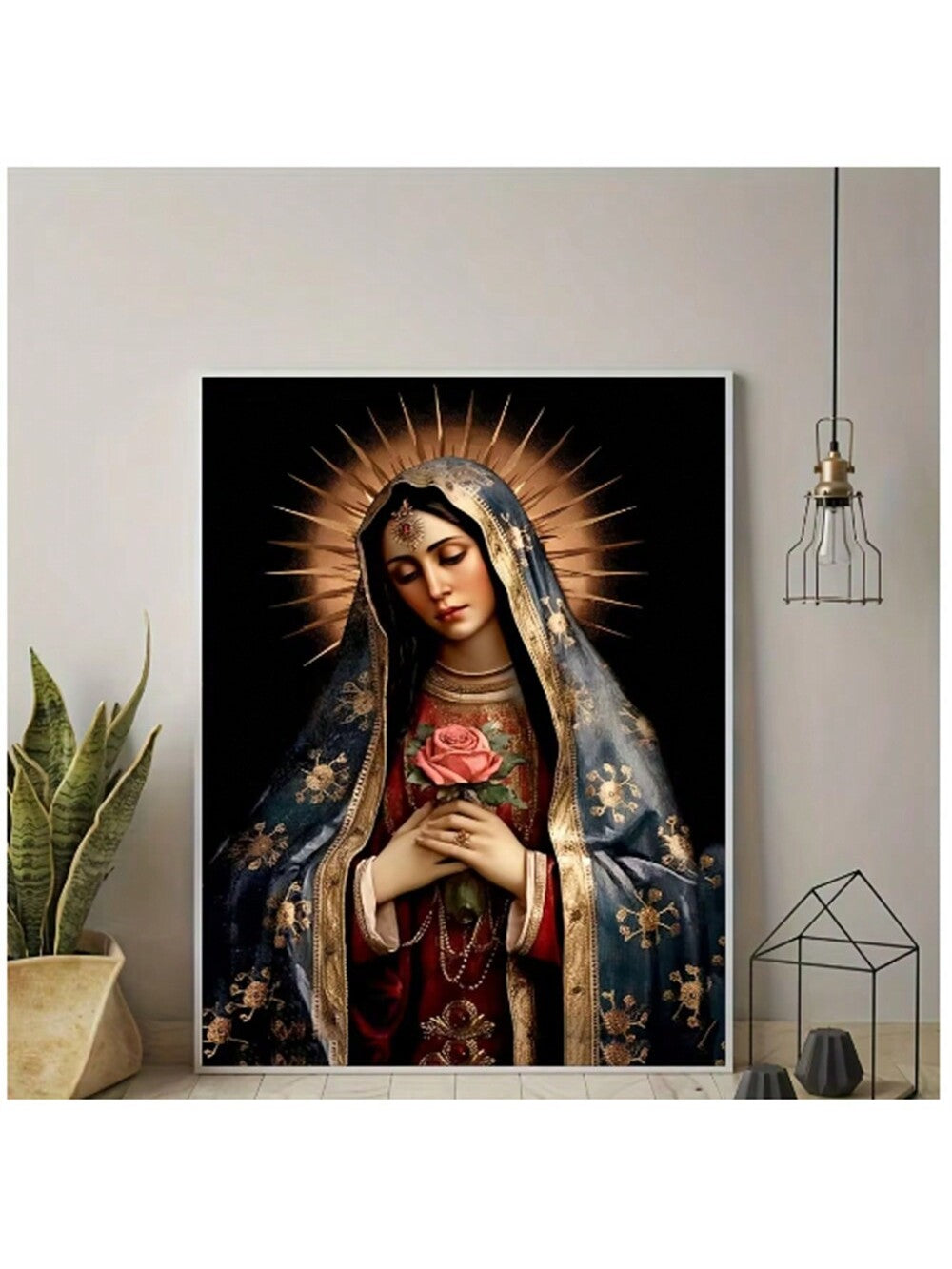 Adorn your home with Divine Grace, a self-adhesive canvas poster featuring a serene Virgin Mary surrounded by a pink rose and gold sun. Enhance your decor with this elegant and easy-to-use piece.