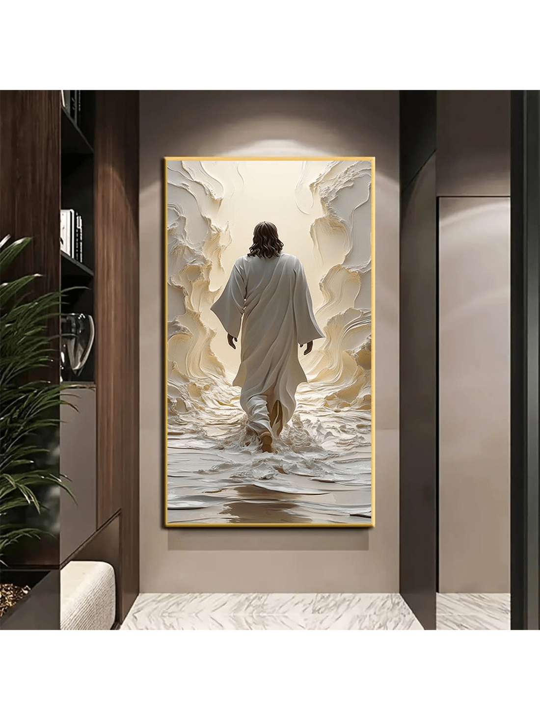 Capture the peacefulness and inspiration of Jesus walking on water with Divine Serenity. This large canvas wall art adds a touch of spirituality to any room, making it the perfect addition to your home or bedroom. Bring a sense of calm and reverence into your space with this beautiful and meaningful piece.