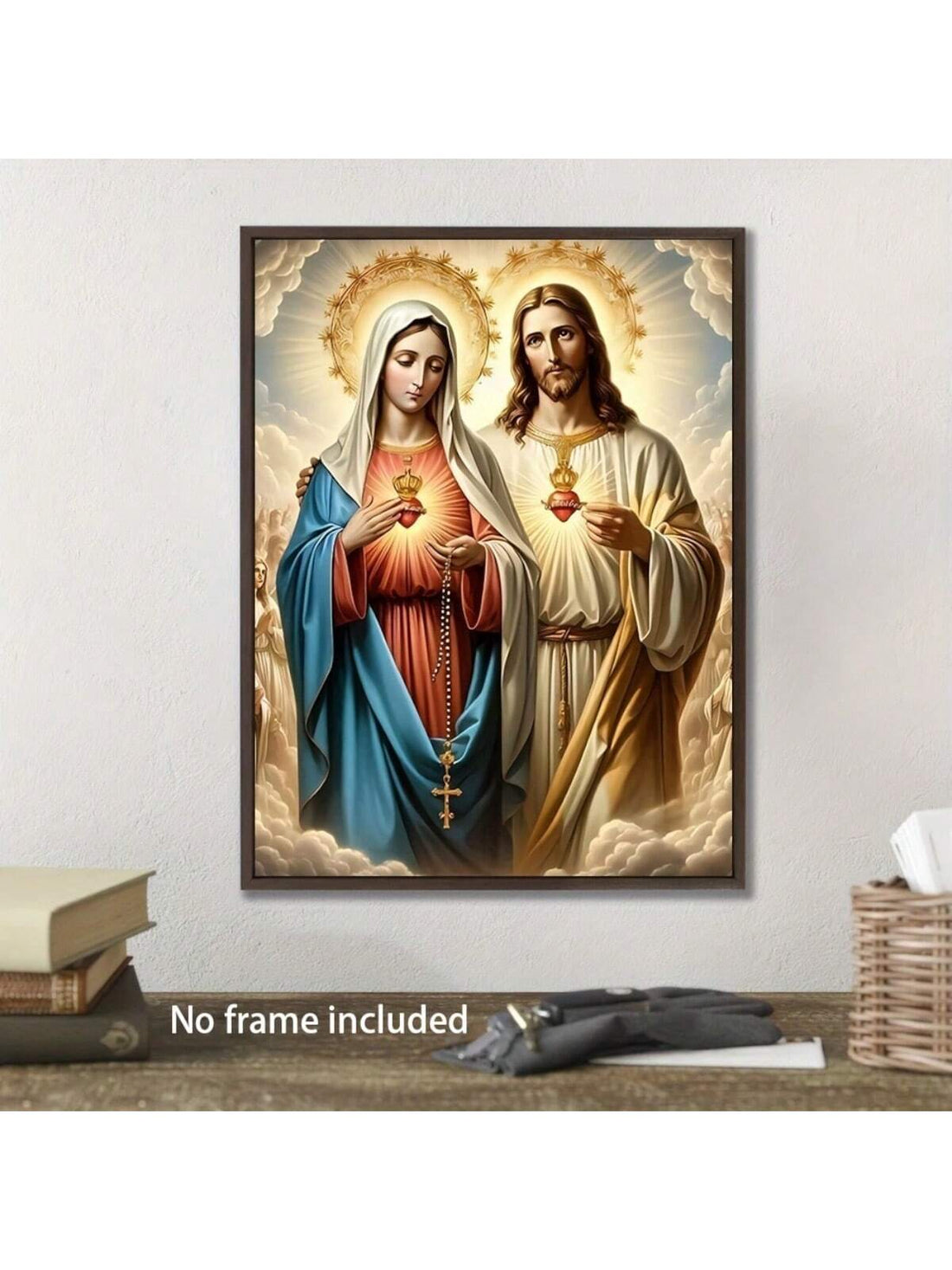 Introducing Divine Serenity, a frameless canvas art featuring the Virgin Mary and Sacred Heart. Elevate the spiritual ambience of your home with this stunning piece. Made with high-quality materials, it is the perfect addition to any home décor. Bring inspiration and serenity to your living space with Divine Serenity.