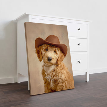 This charming canvas portrait captures a spirited dog sporting a classic cowboy hat, bringing personality and warmth to any interior space. The artwork combines playful Western aesthetics with pet-lover appeal, making it an ideal focal point for living rooms, bedrooms, or spaces above sofas