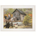 Framed rustic farm print with rooster on fence hen near pond old wooden mill ducks split rail fence and autumn trees