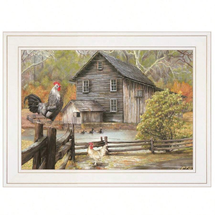 Framed rustic farm print with rooster on fence hen near pond old wooden mill ducks split rail fence and autumn trees