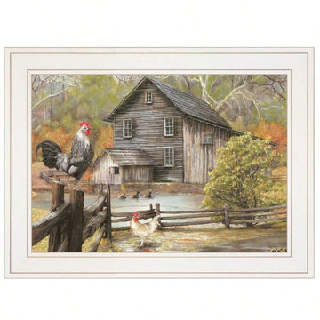Framed rustic farm print with rooster on fence hen near pond old wooden mill ducks split rail fence and autumn trees