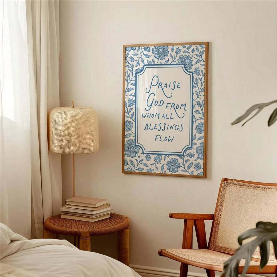 Blue floral Doxology canvas poster with a Christian hymn quote