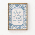 Gold-framed blue floral Christian Doxology wall art with hymn quote
