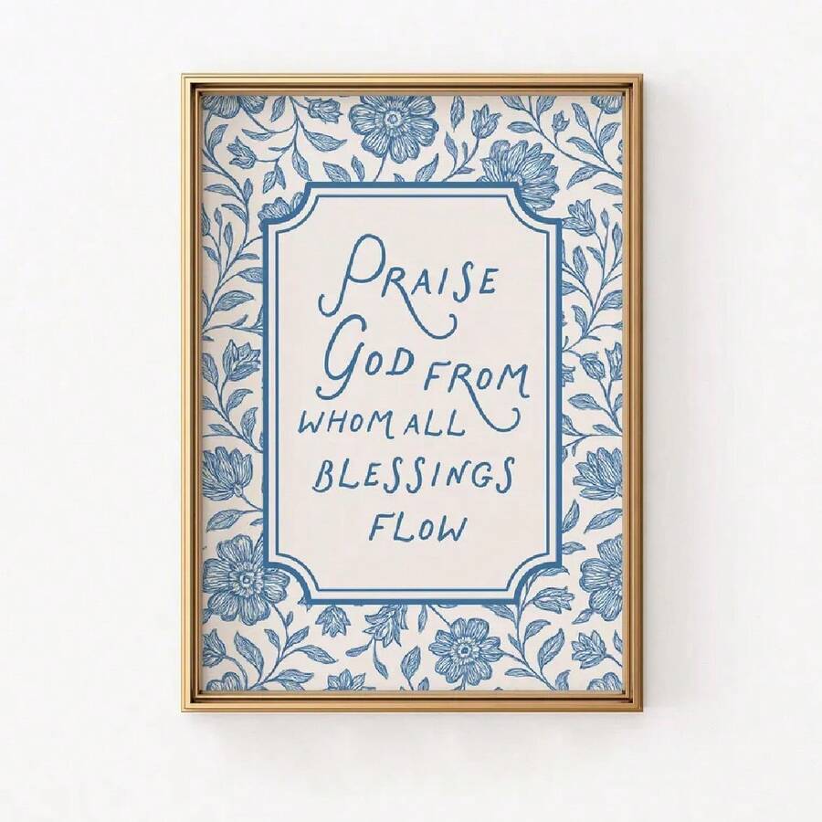 Gold-framed blue floral Christian Doxology wall art with hymn quote