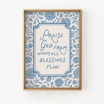 Gold-framed blue floral Christian Doxology wall art with hymn quote
