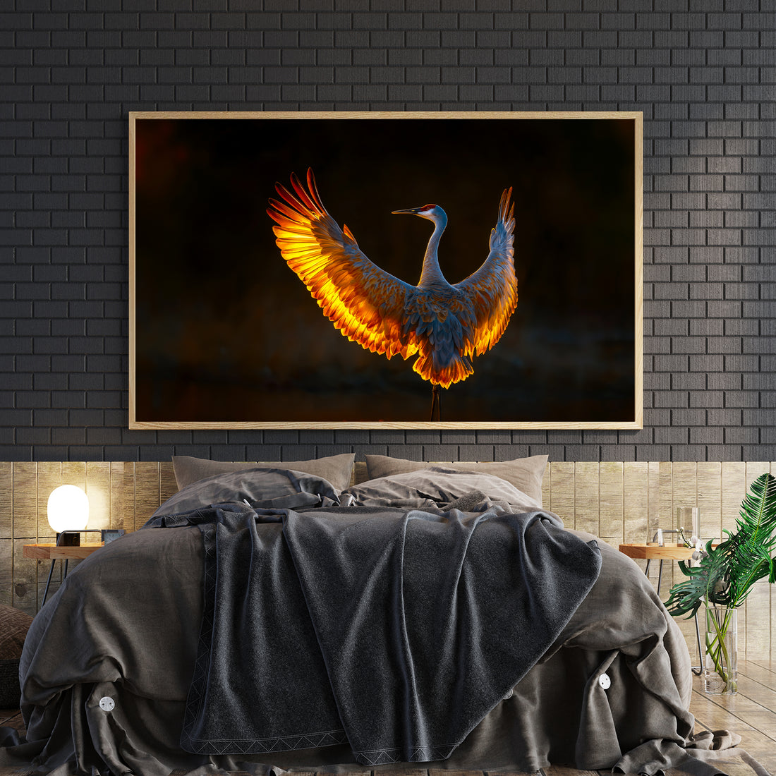 Elevate your interior with this striking crane bird canvas, where delicate wings catch golden light against a dramatic black backdrop. The sophisticated interplay of illumination and shadow creates visual depth, drawing the eye and commanding attention in any room. Perfect for above sofas, bedroom walls, or living spaces seeking artistic refinement, this piece combines nature's grace with contemporary aesthetics.