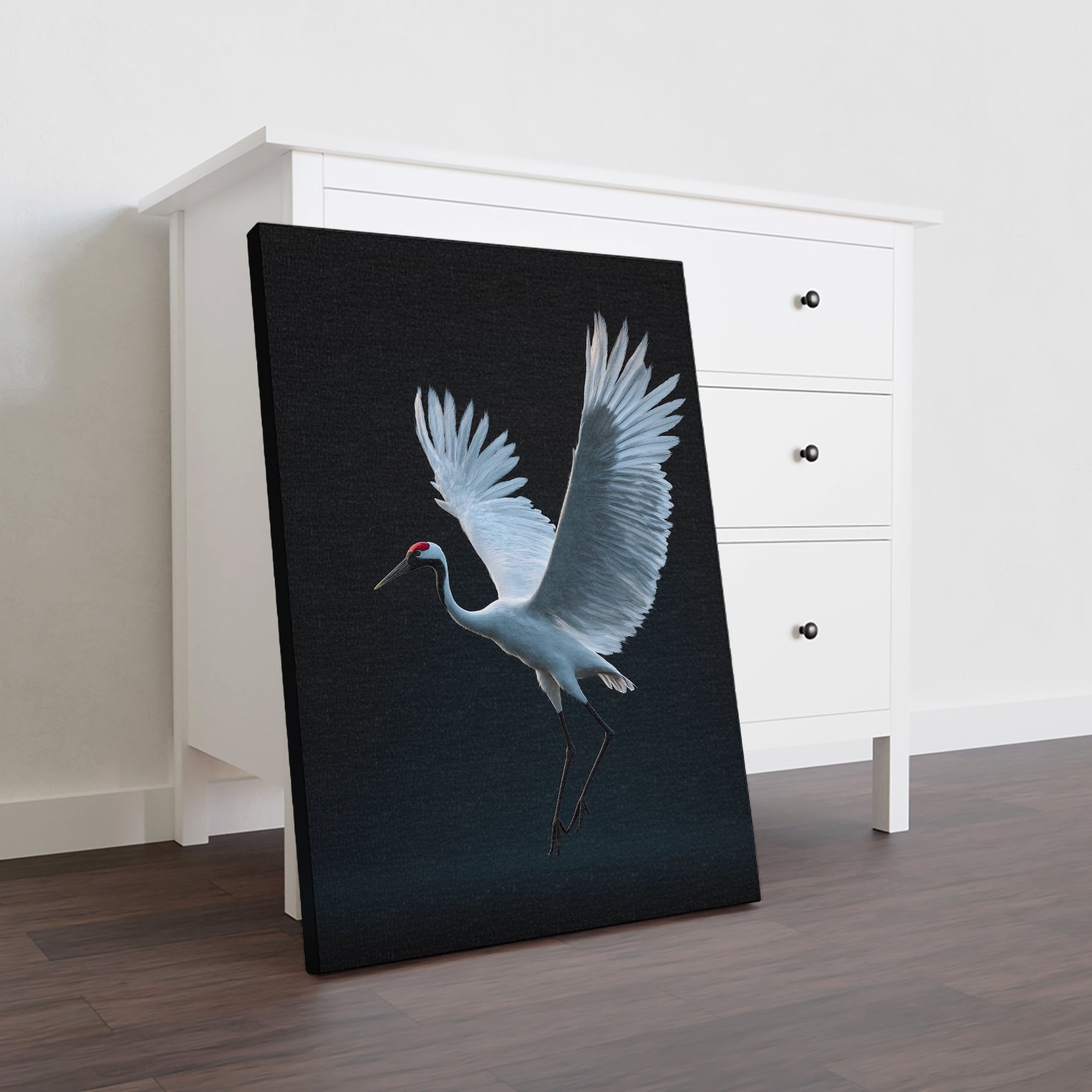 This striking canvas print captures an elegant white crane in dramatic contrast against a deep black background, creating a sophisticated focal point for any interior space. The minimalist composition draws the eye with its refined simplicity, making it ideal for modern and contemporary settings.