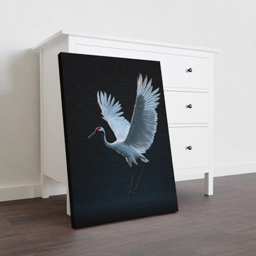 This striking canvas print captures an elegant white crane in dramatic contrast against a deep black background, creating a sophisticated focal point for any interior space. The minimalist composition draws the eye with its refined simplicity, making it ideal for modern and contemporary settings.