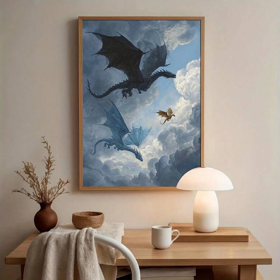 Framed dragon cloudscape wall art above desk with lamp and neutral decor