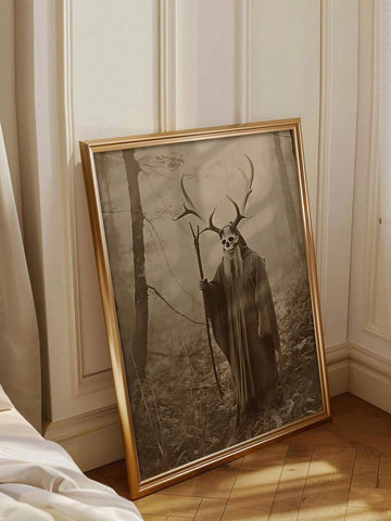 Sepia forest canvas poster showing an antlered skull-faced figure in a dark robe with a staff