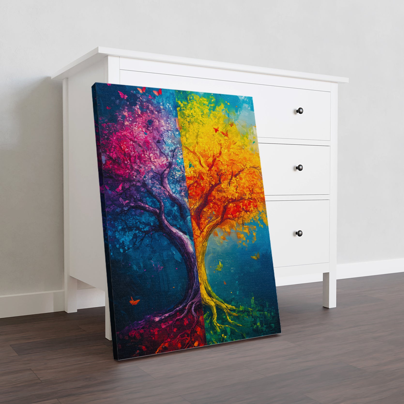 Enhance the decor of your living room, sofa backdrop, or bedside with our Dual Season Tree Canvas Wall Art. This nature-inspired print captures the beauty of both night and day, adding depth and elegance to any space. Made with high-quality canvas, this art piece is durable and adds a touch of sophistication.