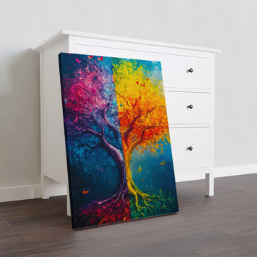Enhance the decor of your living room, sofa backdrop, or bedside with our Dual Season Tree Canvas Wall Art. This nature-inspired print captures the beauty of both night and day, adding depth and elegance to any space. Made with high-quality canvas, this art piece is durable and adds a touch of sophistication.