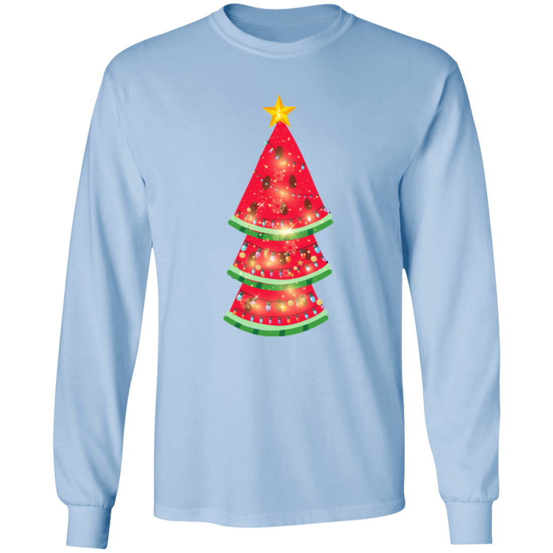 Celebrate the holidays with our Watermelon In Christmas Tree long sleeve t-shirt! Show off your unique style with this trendy, festive t-shirt featuring a watermelon-themed Christmas tree and "Merry Christmas" message. Perfect for spreading holiday cheer and standing out from the crowd