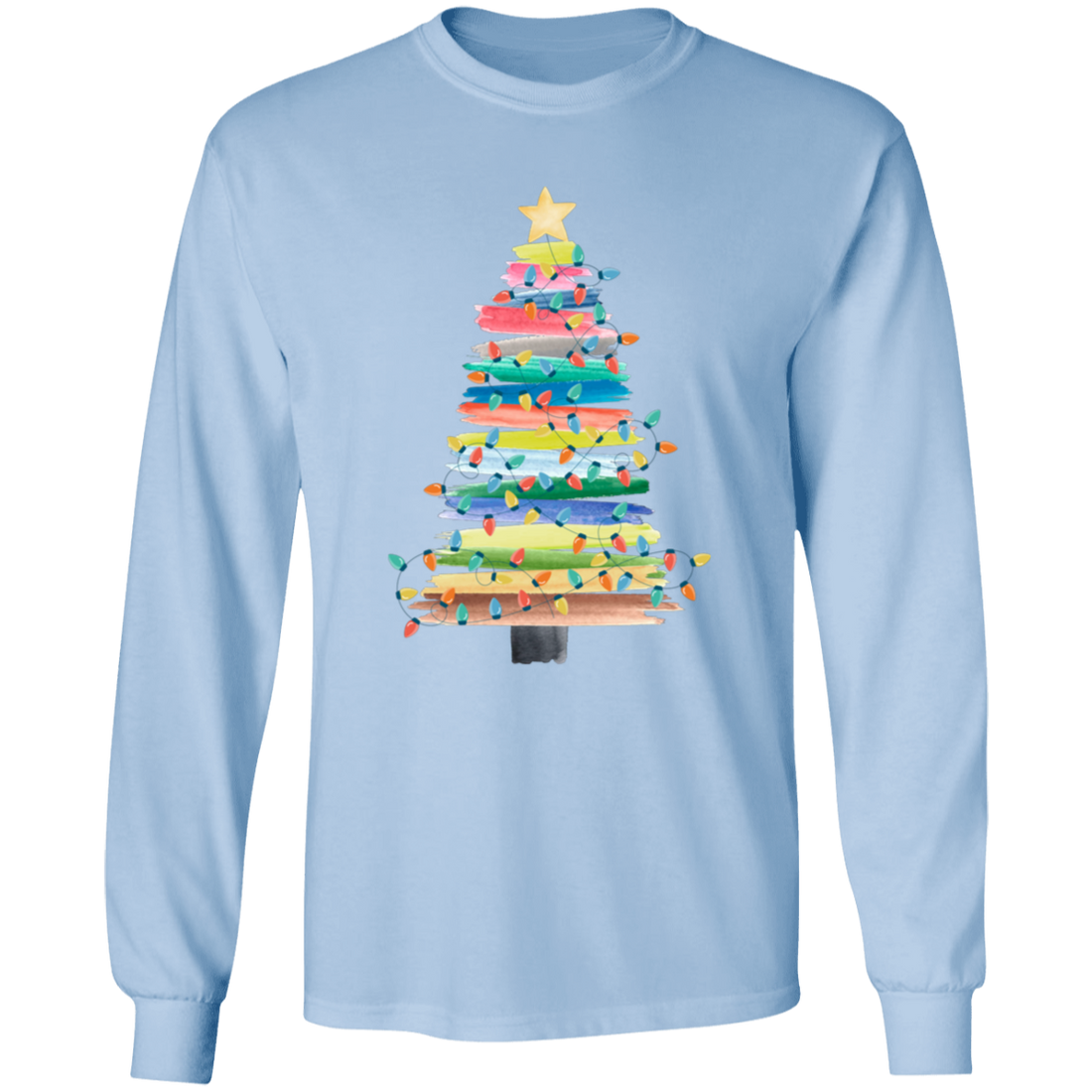 Experience the holiday spirit with our Xmas Tree Watercolor Style Long Sleeve Tshirt. Featuring a beautiful watercolor Xmas tree and the phrase "Merry Christmas", this trendy shirt is a must-have for the upcoming holiday season. Stay stylish and festive while spreading Christmas cheer.