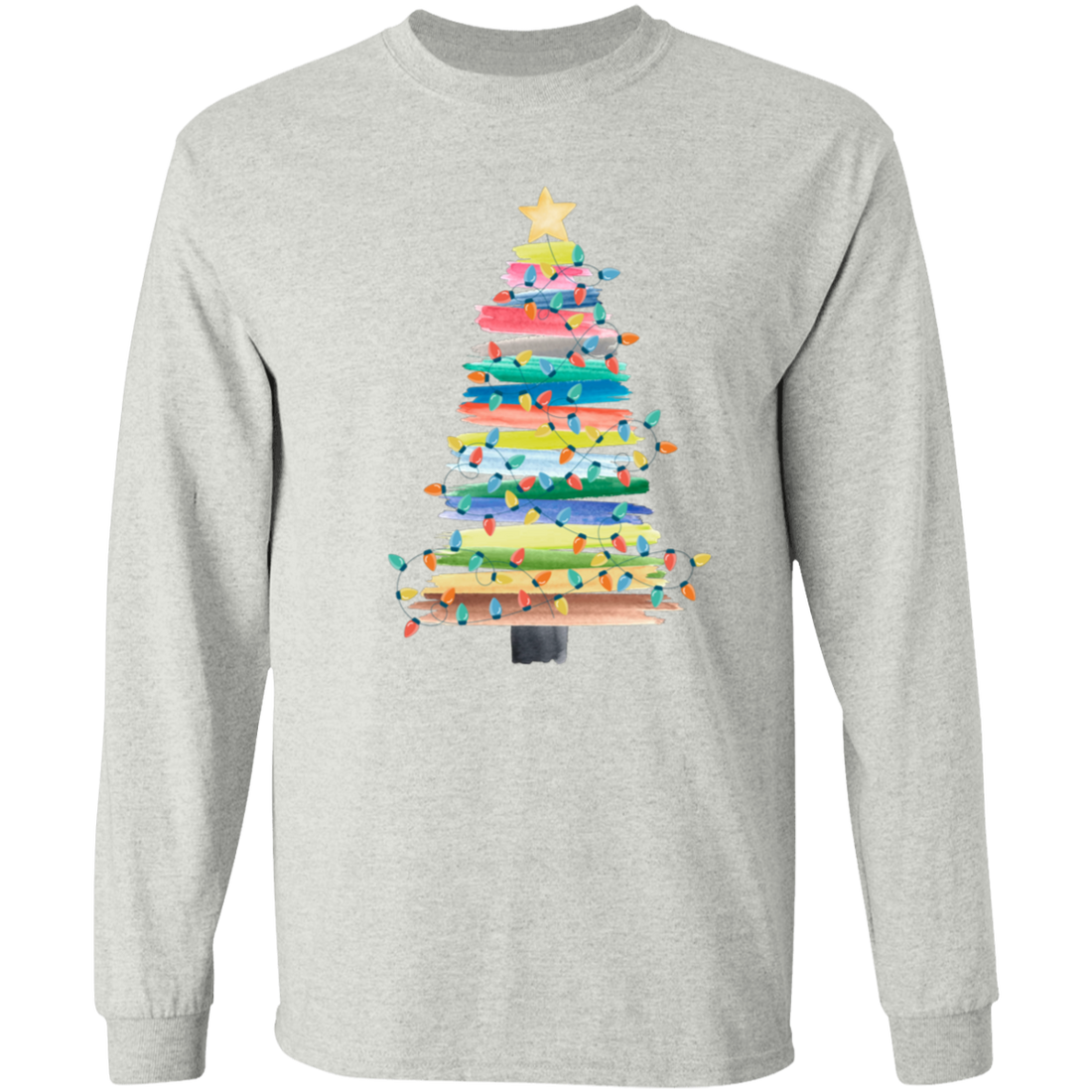 Experience the holiday spirit with our Xmas Tree Watercolor Style Long Sleeve Tshirt. Featuring a beautiful watercolor Xmas tree and the phrase "Merry Christmas", this trendy shirt is a must-have for the upcoming holiday season. Stay stylish and festive while spreading Christmas cheer.