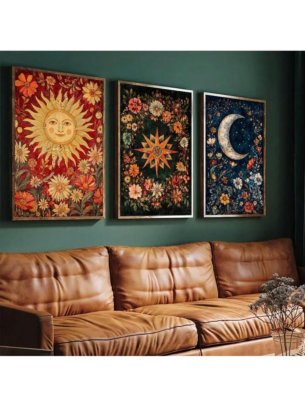 Elevate your space with this Earthy Boho set featuring three tarot card prints of the Sun, Moon, and Stars. Each print blends celestial symbolism with modern design, perfect for adding a mystical yet grounded touch to your decor. Crafted to inspire balance and harmony, these art pieces complement contemporary interiors while reflecting timeless cosmic themes. Ideal for those seeking meaningful, stylish wall art that connects with both nature and the universe.