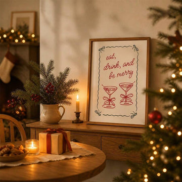 Eat drink and be merry cocktail glass canvas poster with festive red and green botanical border