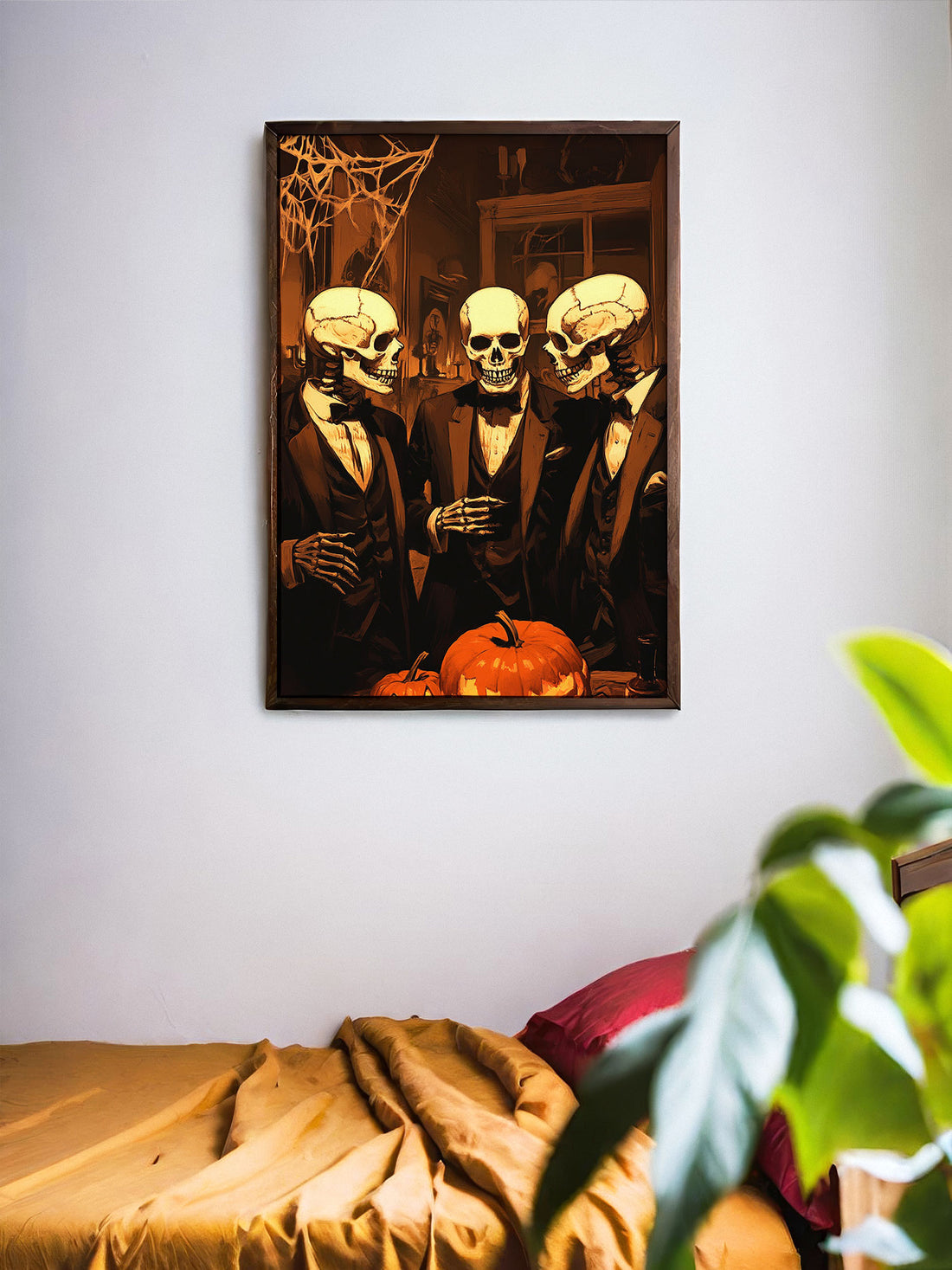 Upgrade your home decor with this elegant skeleton gentleman canvas poster wall art. Featuring a detailed and sophisticated design, this high-quality print will add a touch of class to any room. Made with premium materials, this piece is perfect for those with a taste for the macabre.