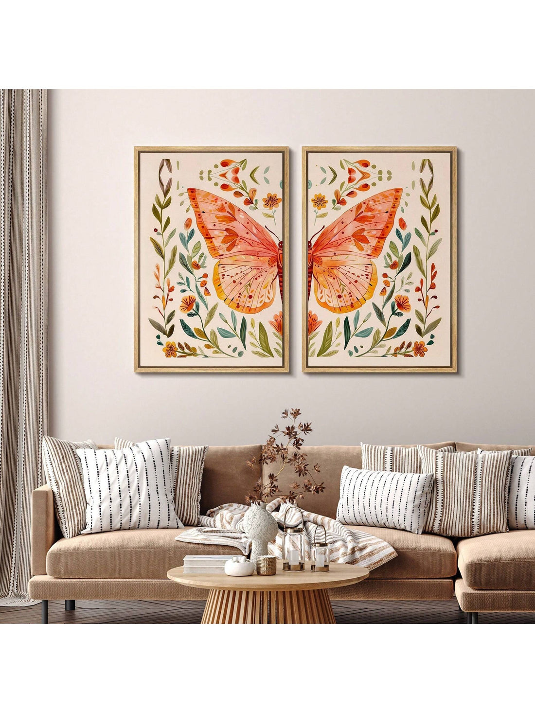 Enhance your living space with this elegant 2-piece framed canvas wall art set, featuring delicate flower and butterfly prints. Designed to complement mid-century modern and boho decor, these pieces bring a refined yet natural touch to your walls. The high-quality framing ensures durability while highlighting intricate details, offering both aesthetic appeal and timeless style for your home or office. Ideal for those seeking sophisticated, nature-inspired artwork with a contemporary edge.