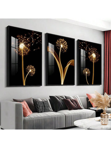 Transform your living space with this sophisticated 3-piece canvas wall art collection. Each panel features an abstract interpretation of golden dandelions, rendered in warm metallic tones that catch and reflect light beautifully. 