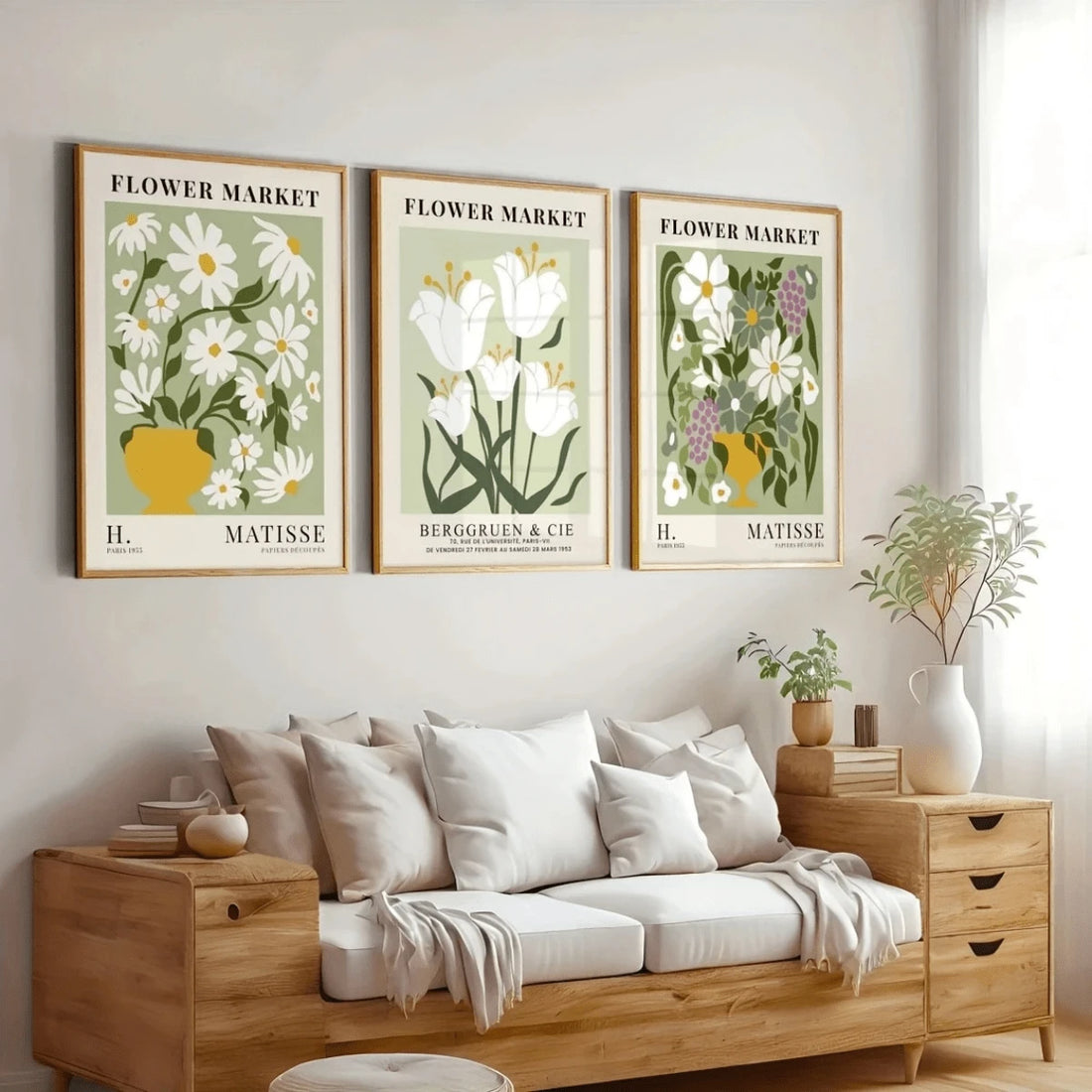 Transform your space with this stunning 3-piece floral poster set inspired by Matisse's botanical artistry. Each canvas features elegant plant patterns in a Scandinavian aesthetic, perfect for creating a cohesive gallery wall in your living room or bedroom. Crafted on high-quality canvas, these prints combine timeless design with practical functionality.