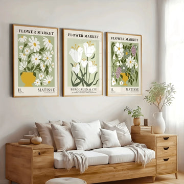 Transform your space with this stunning 3-piece floral poster set inspired by Matisse's botanical artistry. Each canvas features elegant plant patterns in a Scandinavian aesthetic, perfect for creating a cohesive gallery wall in your living room or bedroom. Crafted on high-quality canvas, these prints combine timeless design with practical functionality.