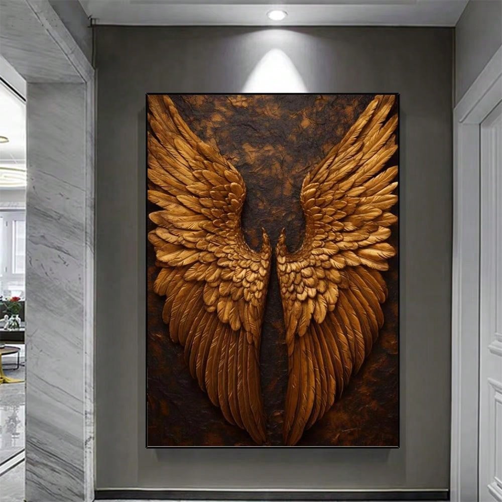 Add an elegant touch to your bedroom or living room with this modern wall decor featuring golden abstract angel wings. Made from high-quality canvas, this piece adds a touch of sophistication to any space. Elevate your home decor with a touch of celestial inspiration.