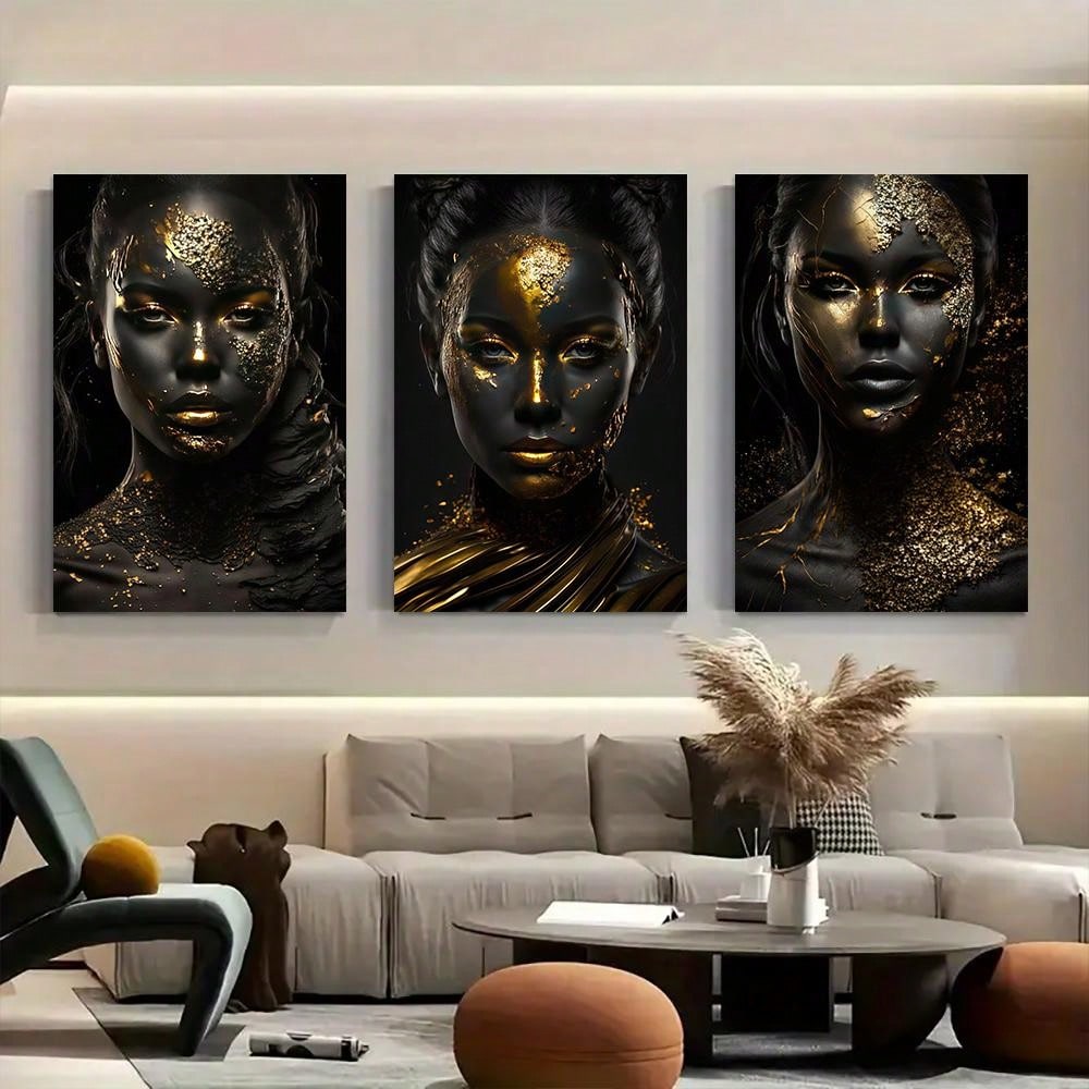 This elegant canvas art set features stunning black and gold designs of Afro women, perfect for adding a touch of style to any home decor. With a modern flair and high-quality prints, this set is sure to impress. Elevate your space and showcase your unique taste with this beautiful and eye-catching product