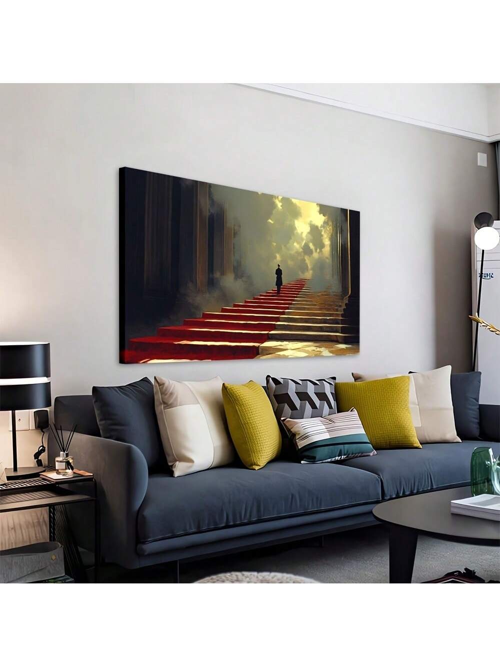 Indulge in the sophisticated beauty of "Elegant Ascendance". This large framed canvas art features a solitary figure on a red carpet staircase, adding a touch of elegance to any space. With its stunning visual impact, this piece will elevate your decor to new heights.