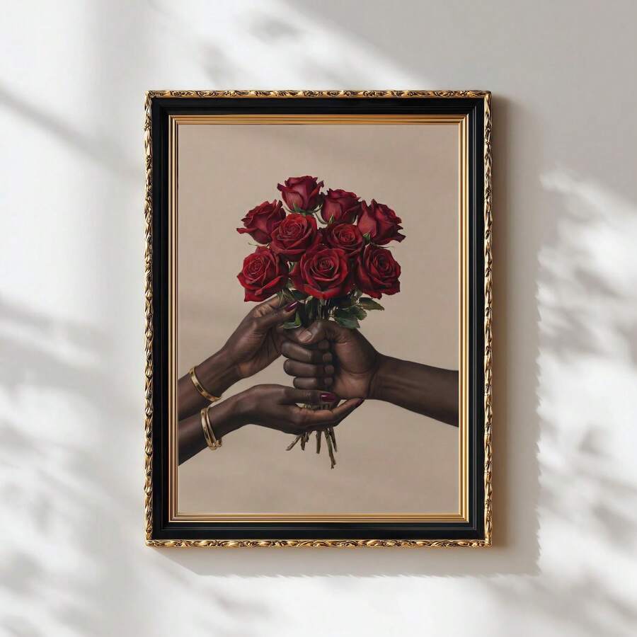 Celebrate love and beauty with this stunning canvas wall art featuring an elegant African American woman surrounded by a romantic bouquet. The modern design combines figure and floral elements in a sophisticated composition perfect for creating a warm, meaningful atmosphere in your dining room or bedroom. Crafted on premium canvas with waterproof finish, this hanging painting brings timeless elegance to any space. The rich, detailed artwork makes a powerful statement about love, culture, and grace—ideal for