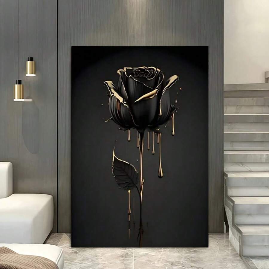 Elevate your space with this stunning black rose canvas art print, where delicate florals meet contemporary elegance. The dramatic black rose is accented with luxurious gold drip details, creating a sophisticated focal point for any modern home. Crafted on premium canvas with waterproof properties, this piece is versatile enough for dining rooms, bathrooms, or bedrooms. Available in both framed and unframed options to suit your décor style. The graphic design brings depth and artistic flair to walls, transf