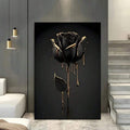 Elevate your space with this stunning black rose canvas art print, where delicate florals meet contemporary elegance. The dramatic black rose is accented with luxurious gold drip details, creating a sophisticated focal point for any modern home. Crafted on premium canvas with waterproof properties, this piece is versatile enough for dining rooms, bathrooms, or bedrooms. Available in both framed and unframed options to suit your décor style. The graphic design brings depth and artistic flair to walls, transf