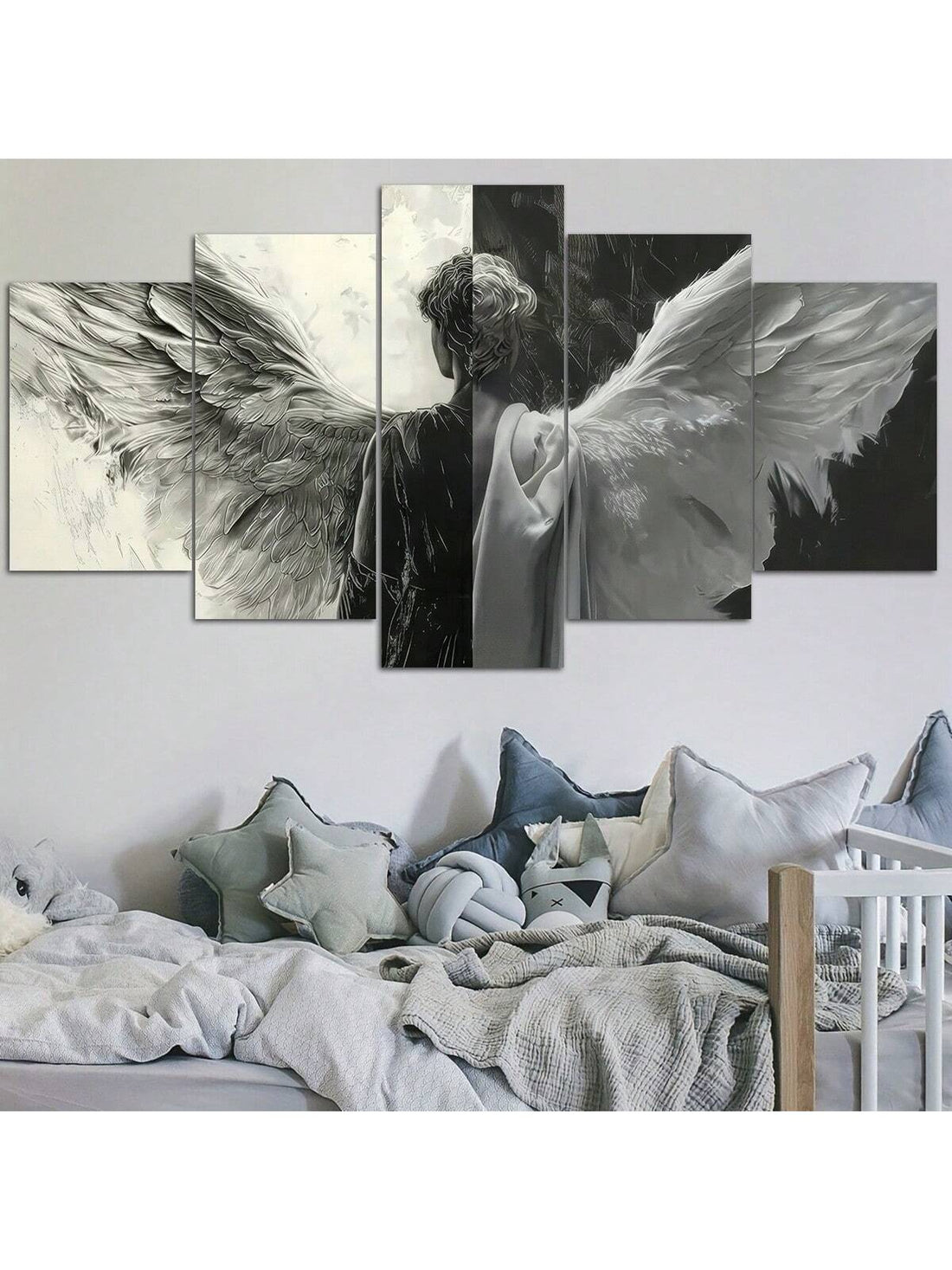 Elevate your space with this Elegant Black and White Angel Wings Canvas Art Set, featuring five framed pieces that create a striking visual impact. Perfect for home, office, or café settings, this monochrome artwork adds a sophisticated and serene atmosphere. The detailed angel wings design brings a sense of grace and inspiration, while the coordinated set ensures a cohesive and polished look on any wall. Durable framing and high-quality canvas materials guarantee lasting beauty and easy installation.