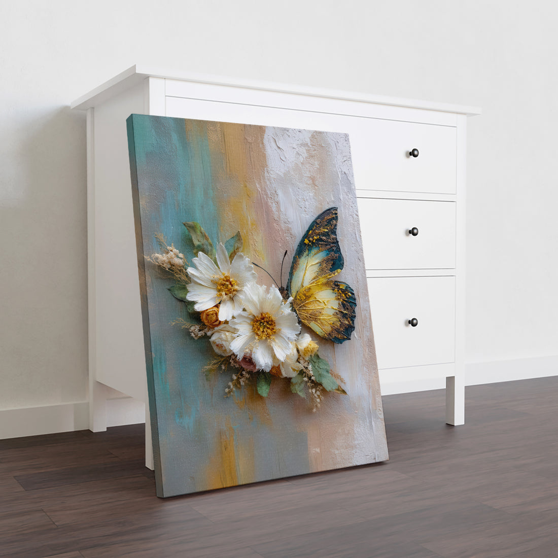 Transform your living space with this sophisticated canvas wall art featuring delicate white daisies and an elegant butterfly rendered in rich, textured oil painting style. The three-dimensional surface creates depth and visual interest, catching light beautifully from different angles.