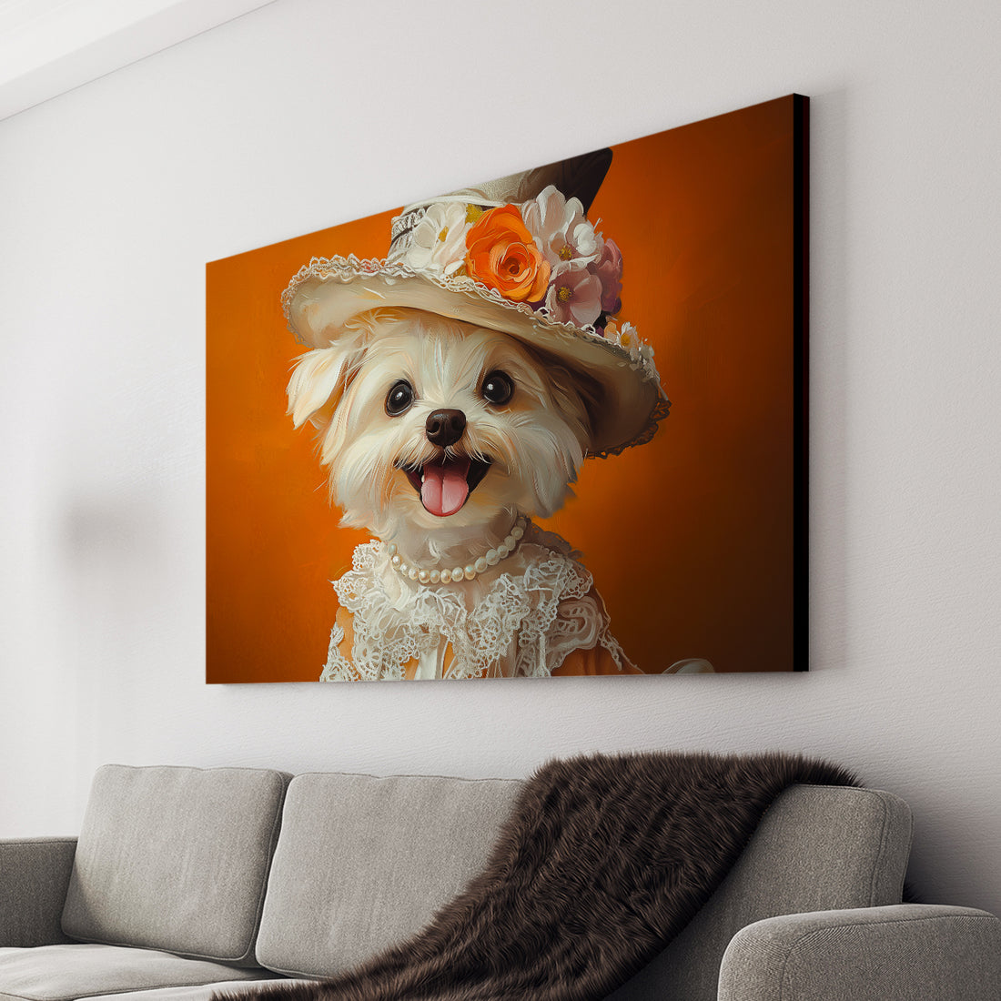 Decorate your living room, sofa backdrop, or bedside with this elegant dog canvas wall art featuring a white Maltese in a vintage hat and lace. Add a touch of sophistication to your home decor with this beautiful piece.