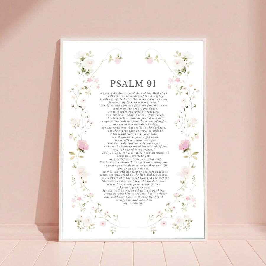 Inspire your space with this elegant Psalm 91 wall art, beautifully framed with delicate florals. Perfect for any room—living room, bedroom, home office, or kitchen—this Christian decor piece combines spiritual meaning with timeless design. The multicolor floral pattern adds warmth and grace to weddings, offices, homes, and personal sanctuaries. Crafted from quality chemical fiber material, it's a meaningful addition that brings faith and beauty together in one stunning piece.