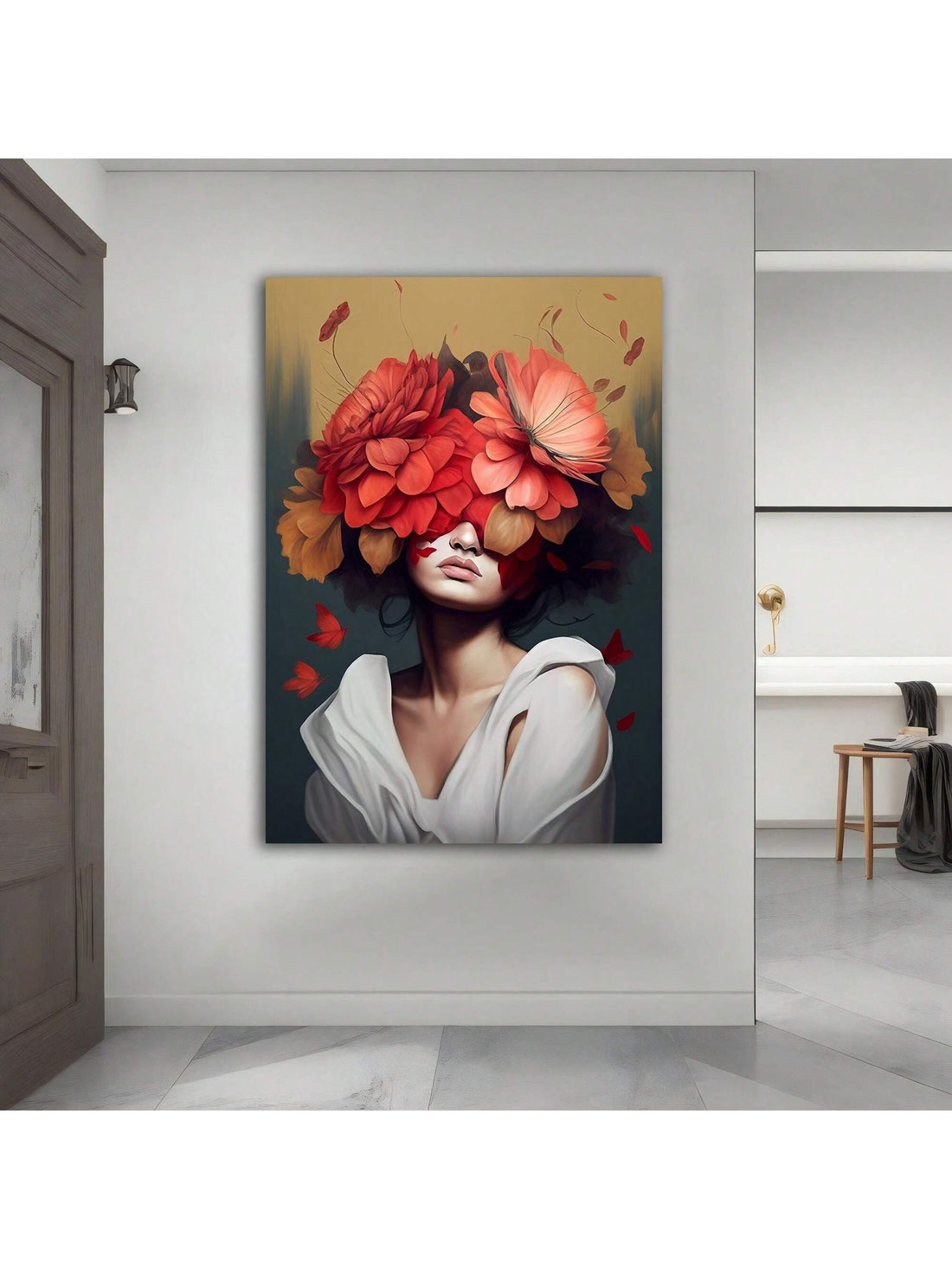 This framed canvas art features a woman with a red flower, surrounded by elegant floral patterns. The high-quality materials and sturdy frame make this piece a lasting addition to any room. With its serene and feminine subject, it adds a touch of sophistication and beauty to your decor.