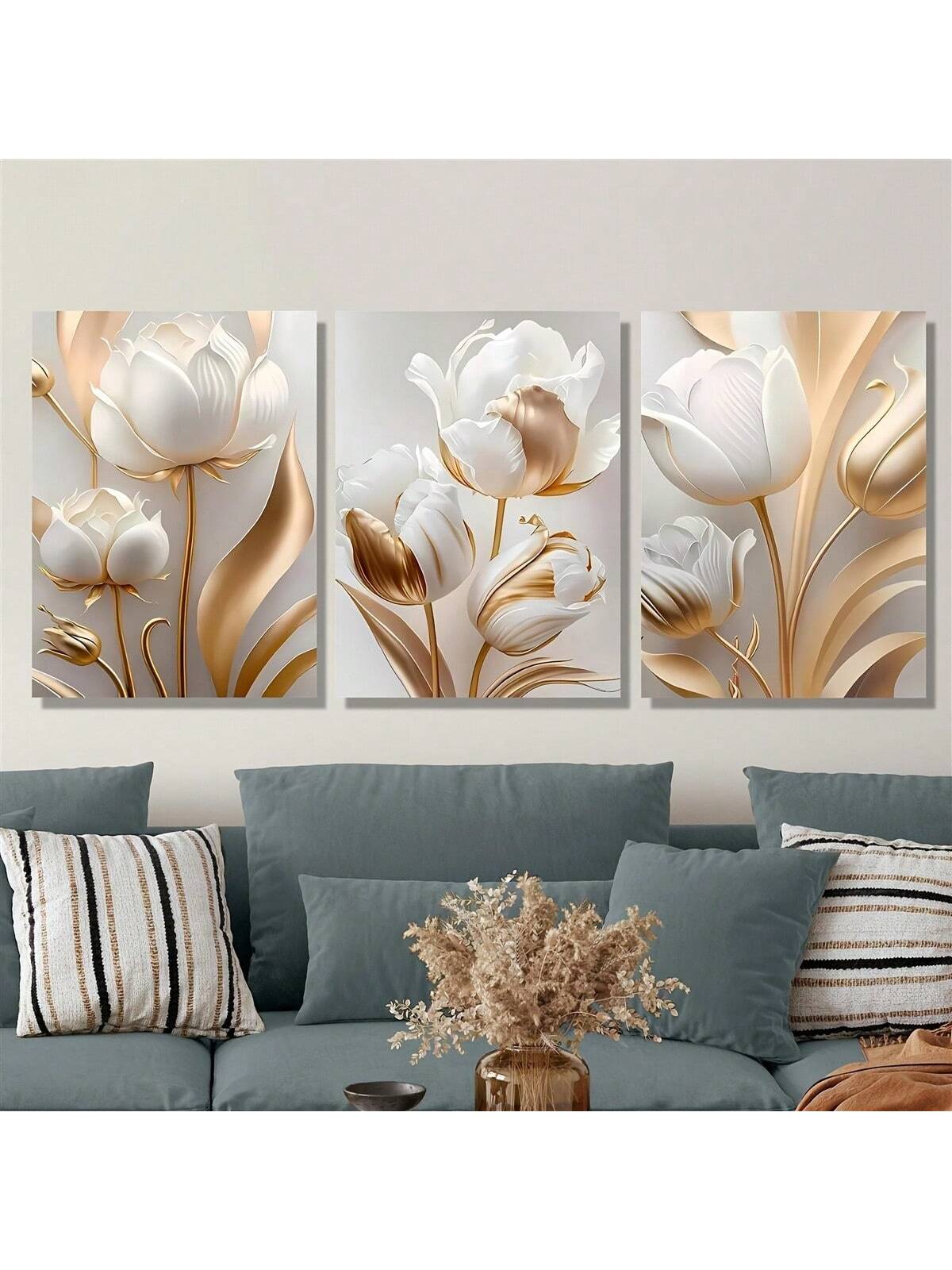 Transform your living space with our Elegant Floral Wall Art Set featuring sophisticated white and gold tulip canvas prints. These modern pieces blend contemporary design with timeless floral elegance, creating a focal point that elevates any room's aesthetic. Meticulously crafted to enhance chic interior designs, this collection offers the perfect balance of subtle luxury and artistic refinement for discerning homeowners seeking to make a statement with their décor choices.