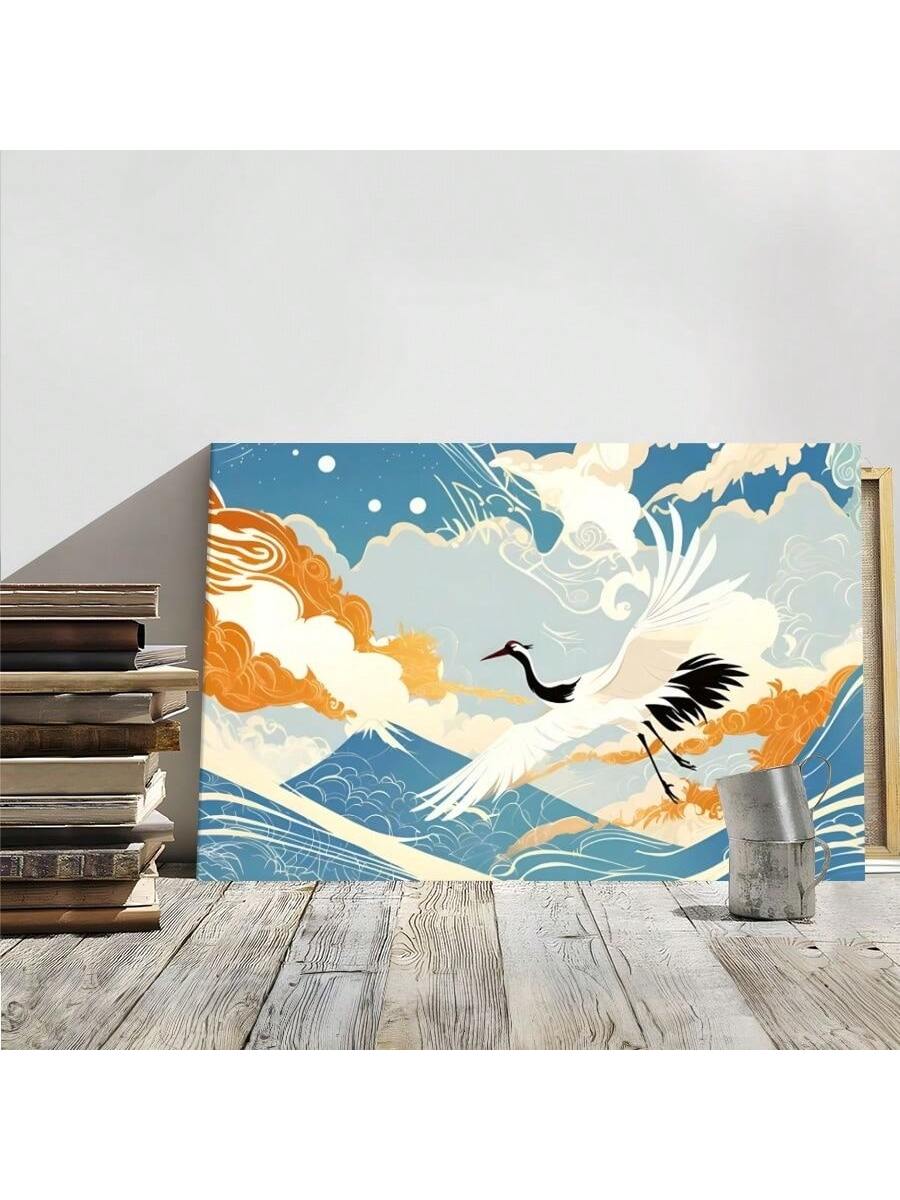 Enhance the ambiance of any room with this elegant framed canvas wall art featuring white cranes soaring over sea waves and clouds. This beautiful Oriental decor adds a touch of serenity and tranquility to your space. Made with high-quality materials, it is the perfect addition to your home.