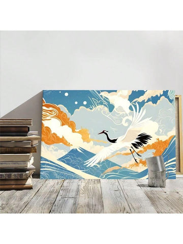 Enhance the ambiance of any room with this elegant framed canvas wall art featuring white cranes soaring over sea waves and clouds. This beautiful Oriental decor adds a touch of serenity and tranquility to your space. Made with high-quality materials, it is the perfect addition to your home.