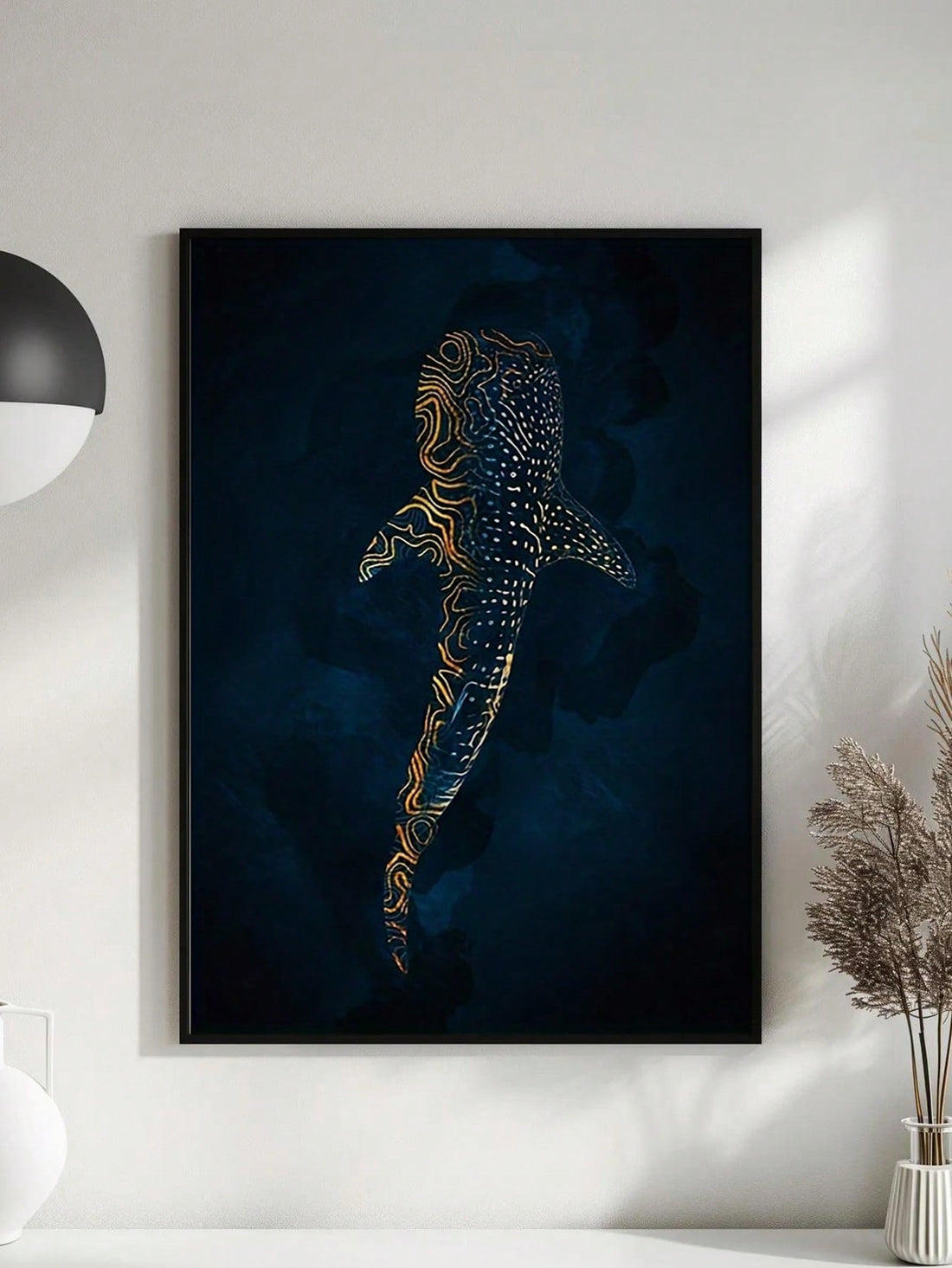 Elevate your living space with this elegant canvas art featuring a gold whale shark rendered in stylish blue and gold abstract tones. Designed for modern decor, this piece combines artistic sophistication with marine inspiration, creating a captivating focal point that adds depth and luxury to any room. Durable and visually striking, it complements contemporary interiors with a refined touch.