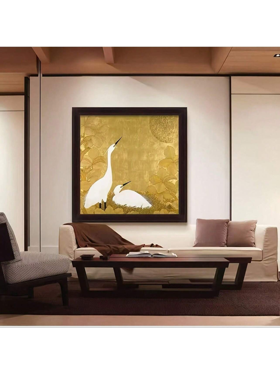 Elevate your space with this Elegant Golden and White Vintage Crane Canvas Print. Featuring a refined floral design and graceful crane imagery, this artwork adds a timeless charm to living rooms, bedrooms, bars, or cafes. Its subtle gold and white palette complements diverse decor styles, creating a sophisticated focal point that enhances ambiance with understated elegance. Crafted on high-quality canvas, it ensures lasting beauty and visual appeal.