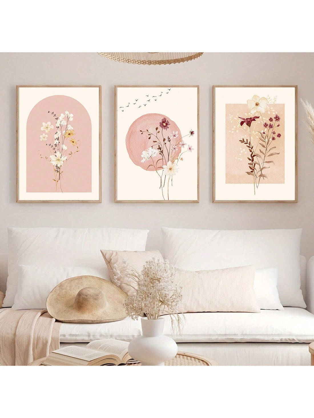 Transform your living space with this sophisticated 3-piece canvas poster set, inspired by traditional Japanese watercolor artistry. Each panel features delicate pink floral motifs rendered in soft, flowing brushstrokes that evoke timeless elegance.